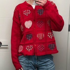 Vintage 90s red heart patchwork cardigan by essential elements